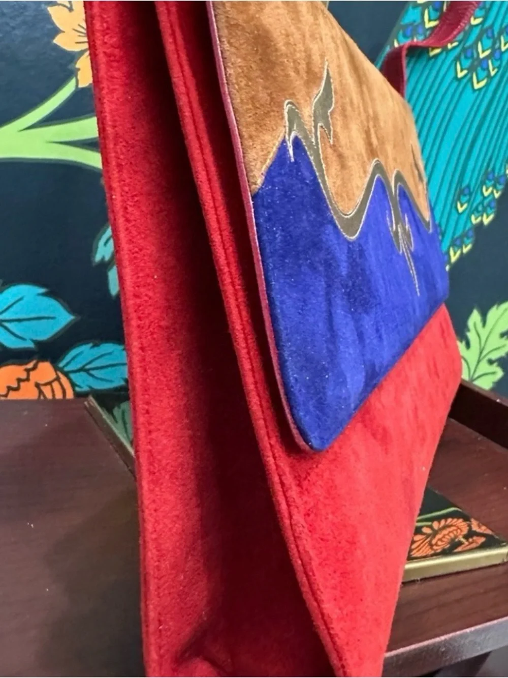 Bally Multicolor Suede Flap Bag / Clutch in Red, Blue, Brown with Gold Accent - Picture 6 of 9